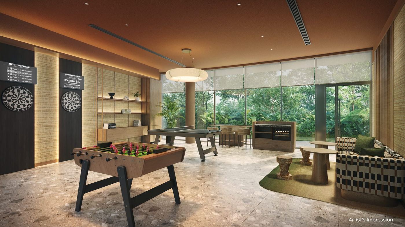Recreation room with foosball and darts, artist's impression